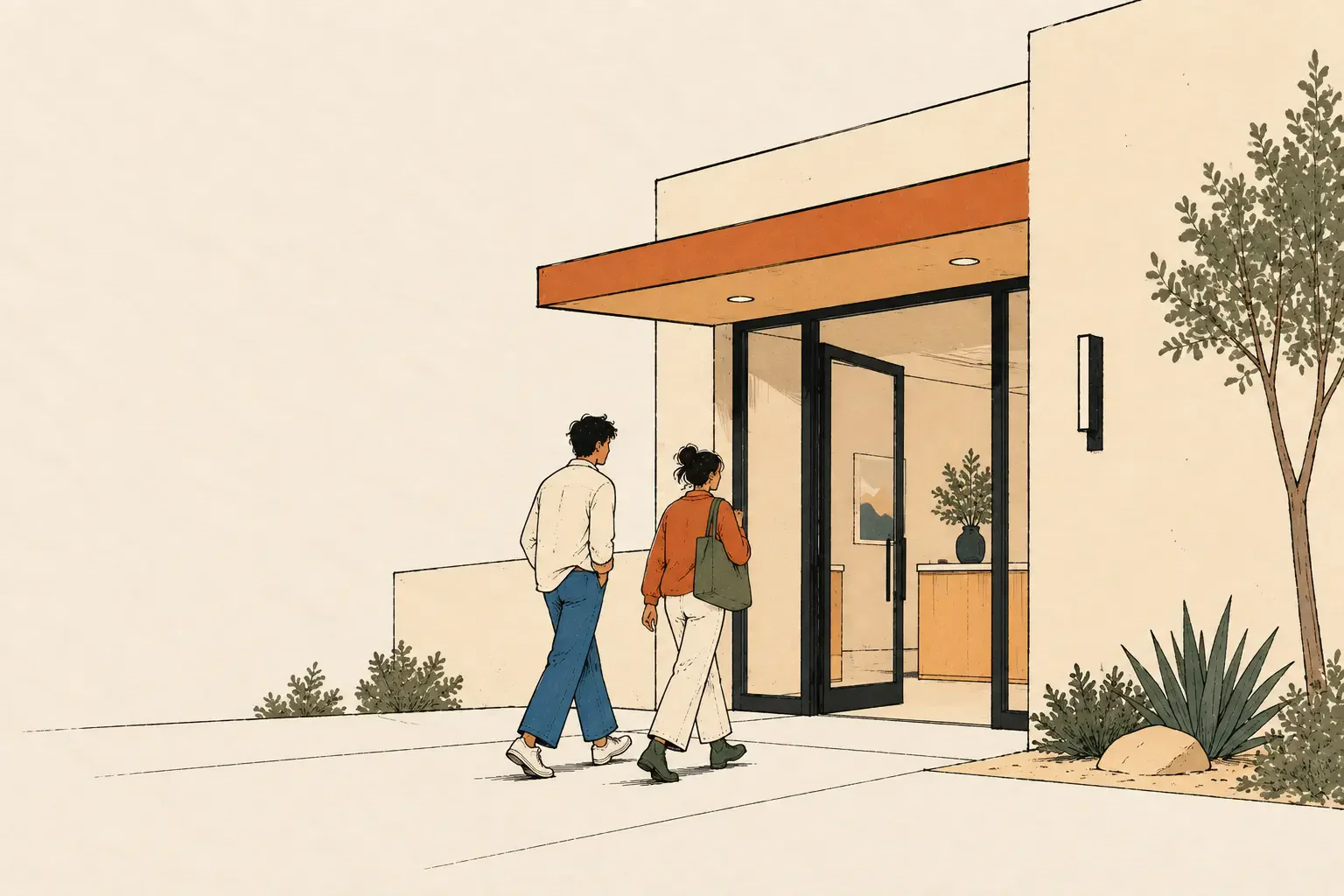 Illustration of two people walking into a building with an orange awning
