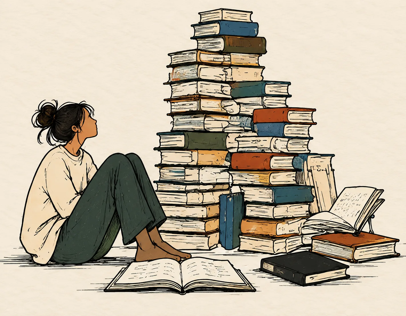 Illustration of a woman sitting on the floor beside a tall stack of books
