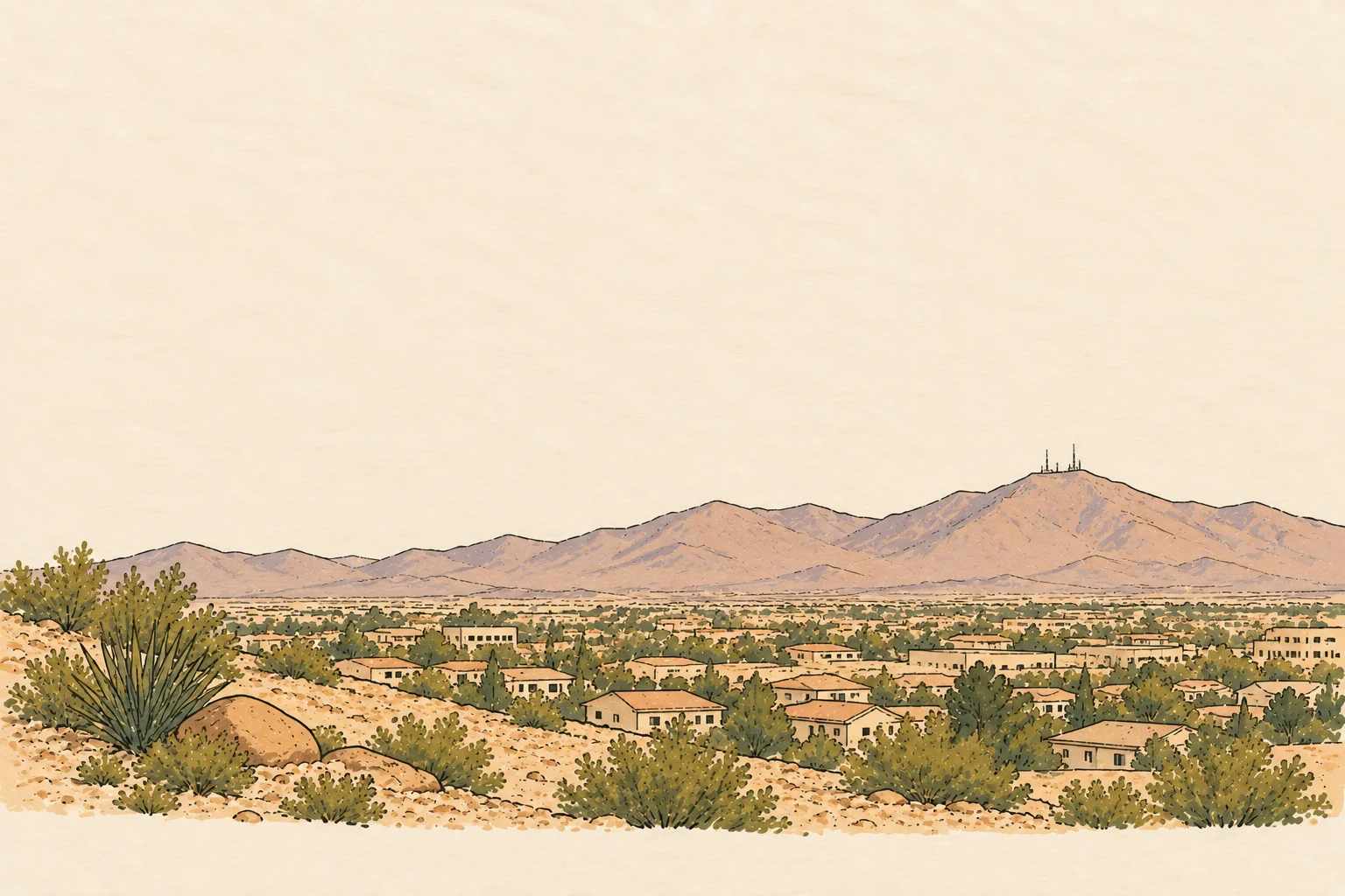 Illustration of Henderson rooftops with Black Mountain and the radio towers in the distance