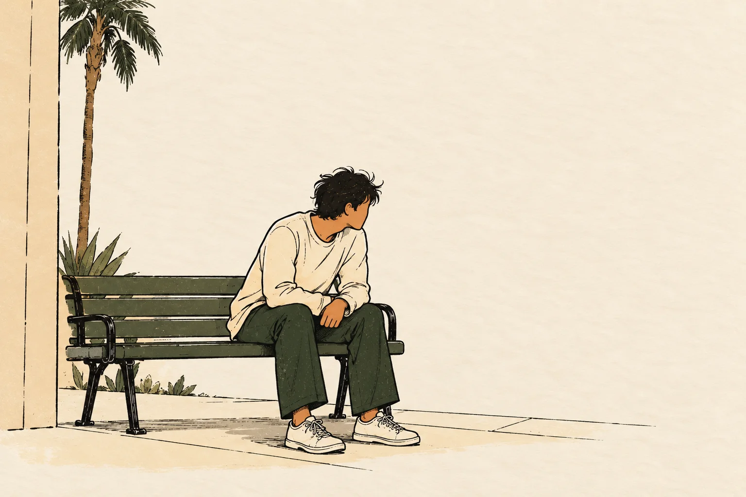 Illustration of a young man sitting on a bench beside a palm tree, glancing over his shoulder