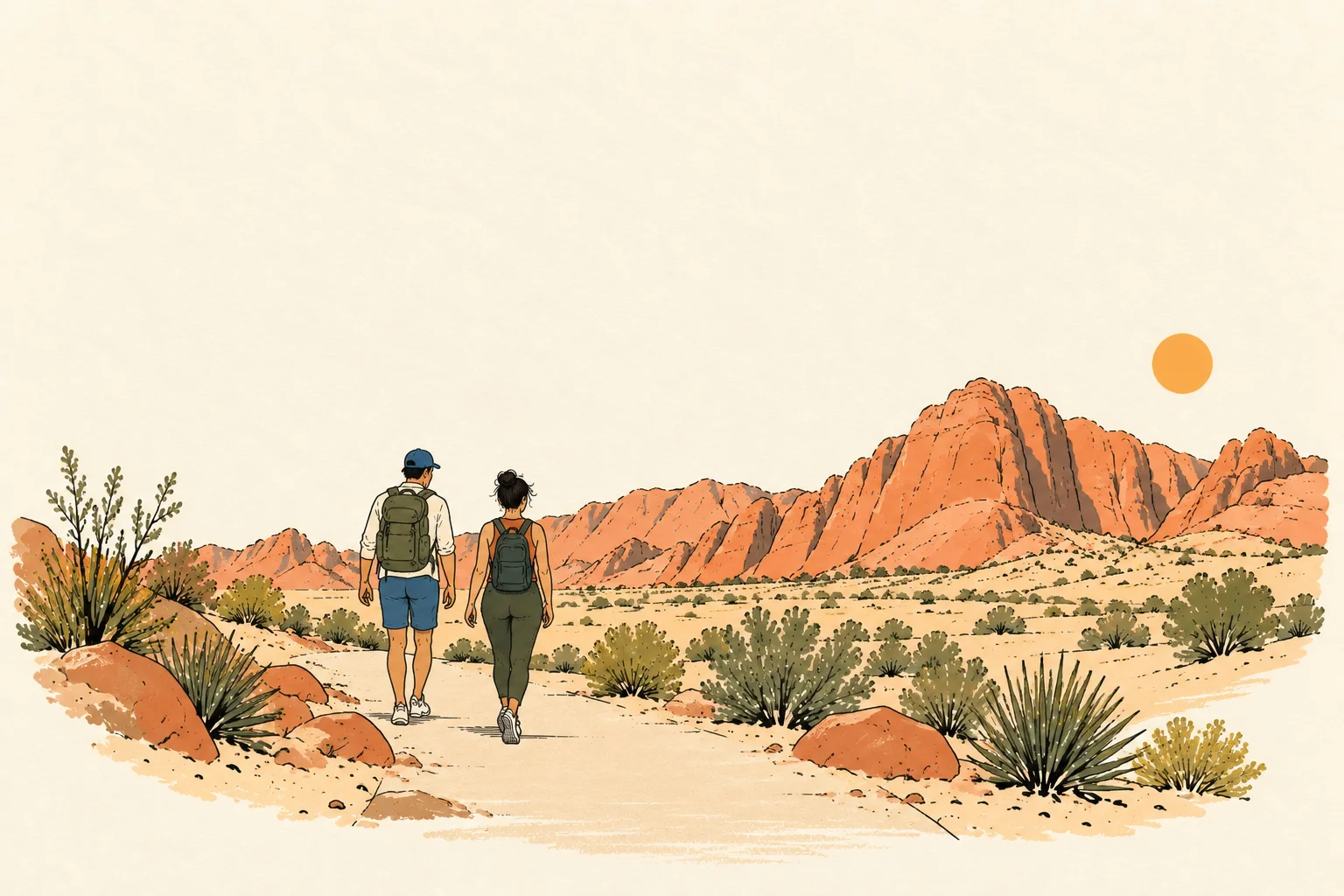 Illustration of two hikers on a desert trail heading toward red rock mountains
