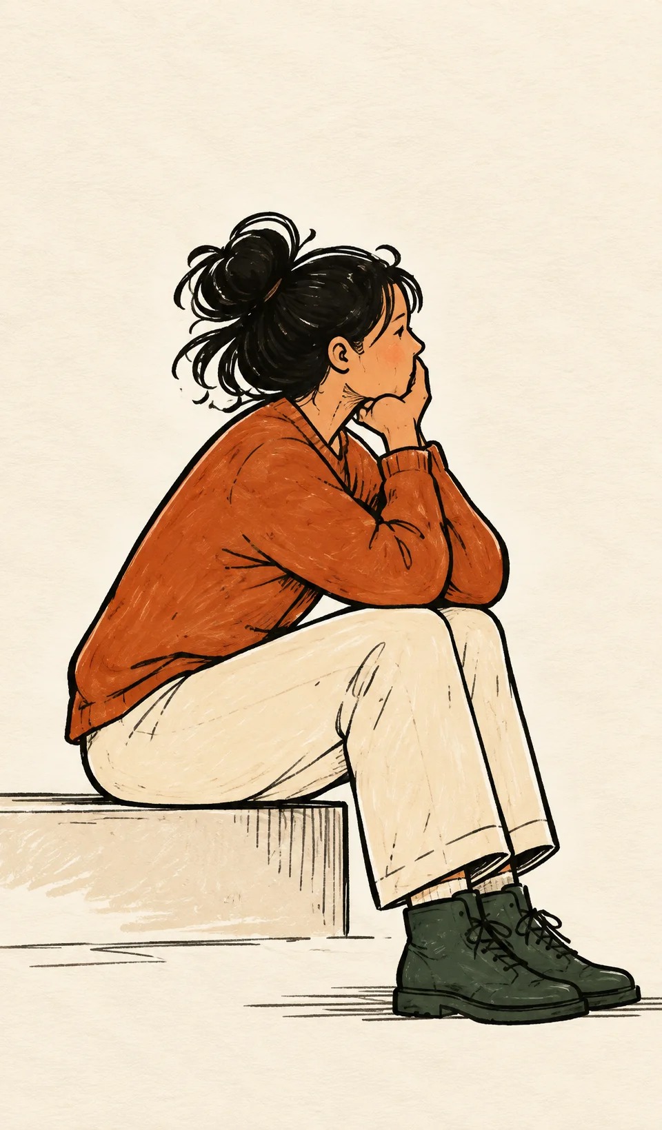 Illustration of a young woman sitting with her knees pulled up, lost in thought