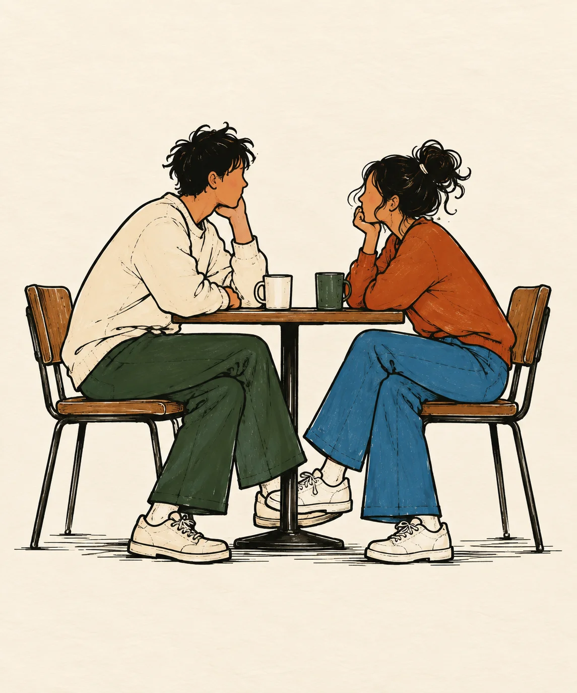 Illustration of a couple sitting across a small table with coffee, deep in conversation