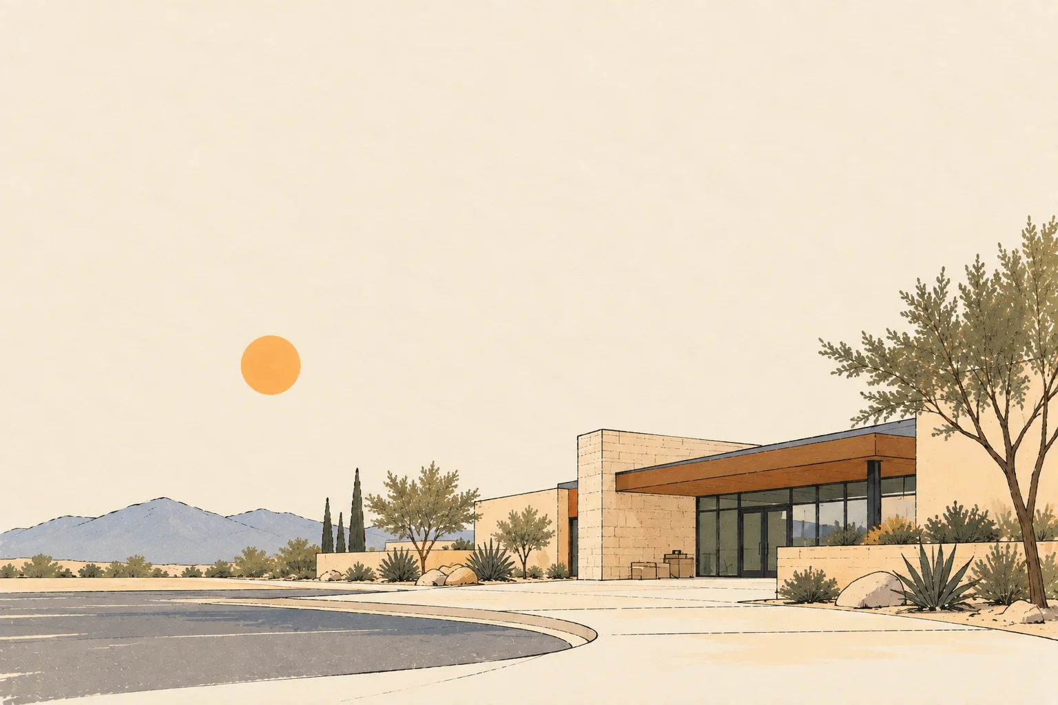 Illustration of a stone and glass building with desert landscaping in Henderson