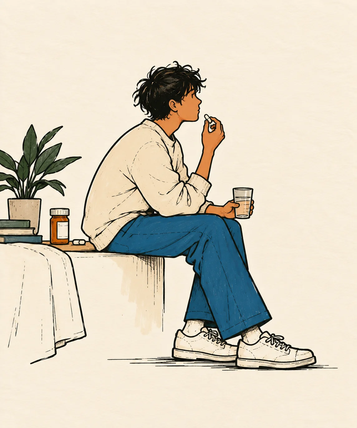 Illustration of a young man at home taking his medication with a glass of water
