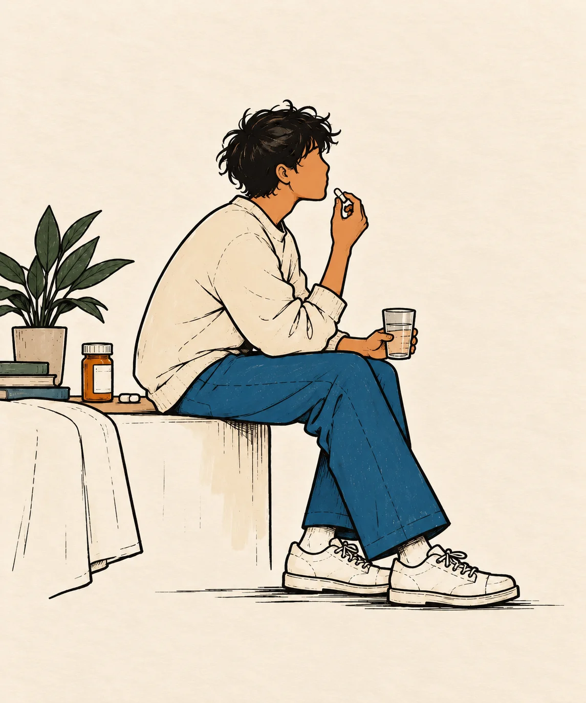 Illustration of a man sitting on the edge of a bed, taking a pill with a glass of water