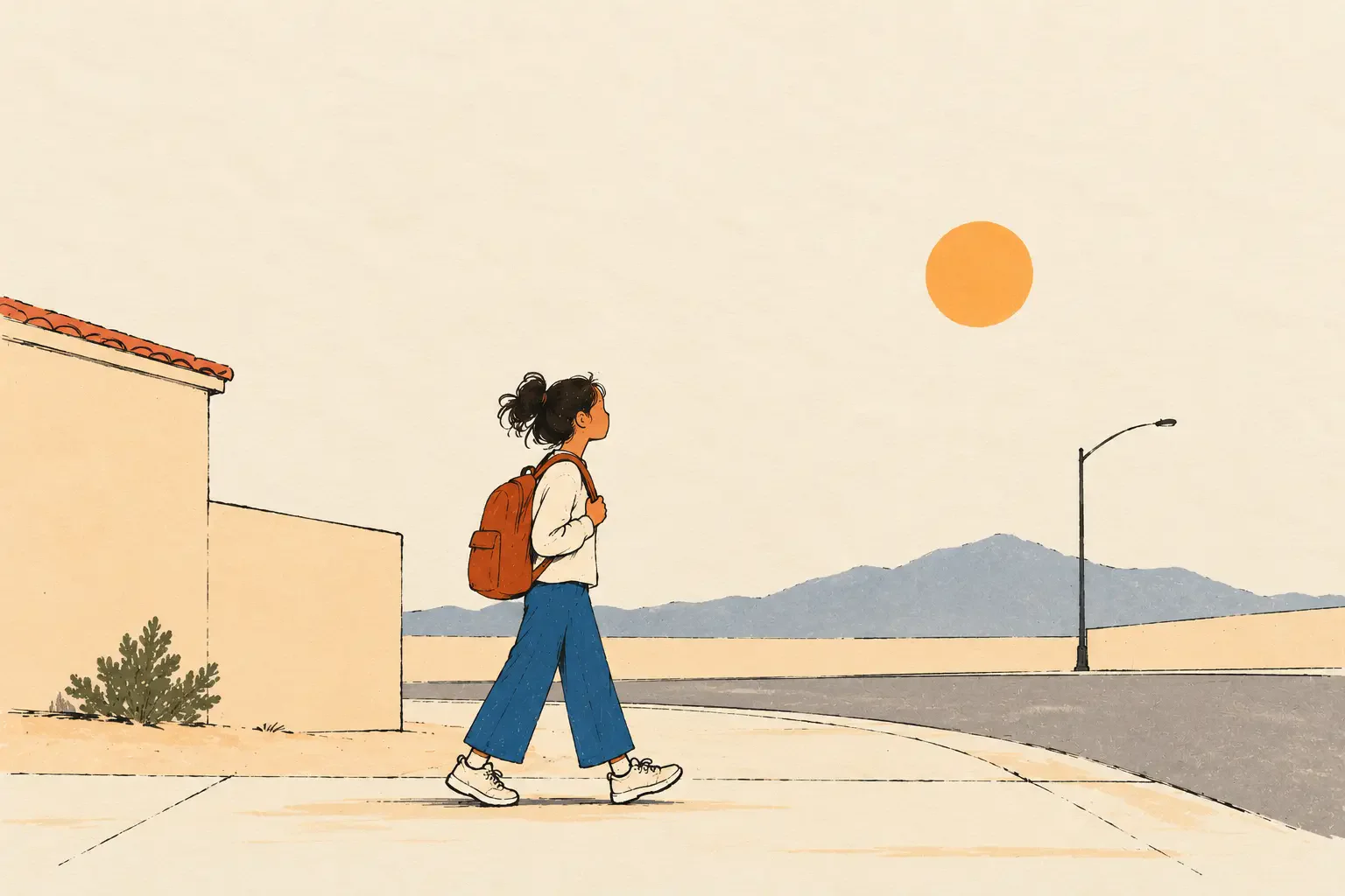 Illustration of a girl with a backpack walking past a block wall on a North Las Vegas street