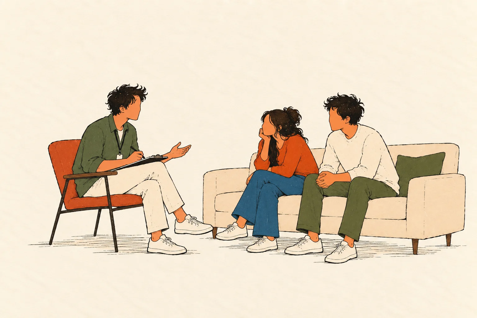 Illustration of a therapist in a chair talking with two adults sitting on a sofa