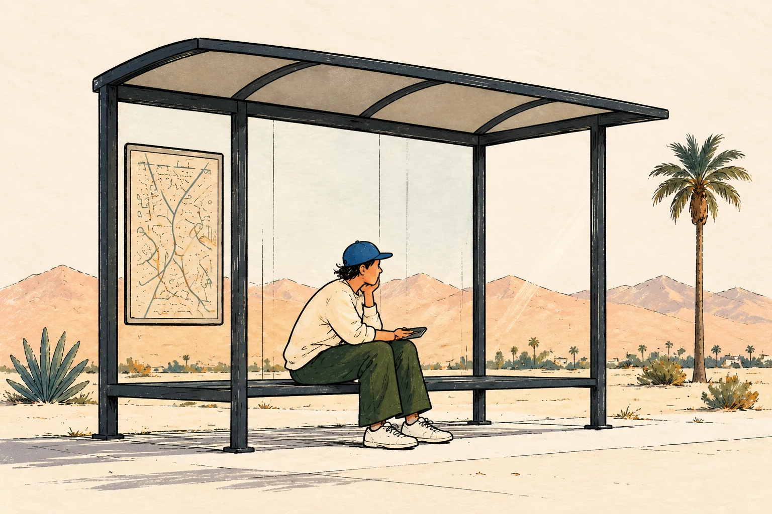 Illustration of a person waiting at a bus stop shelter with a route map