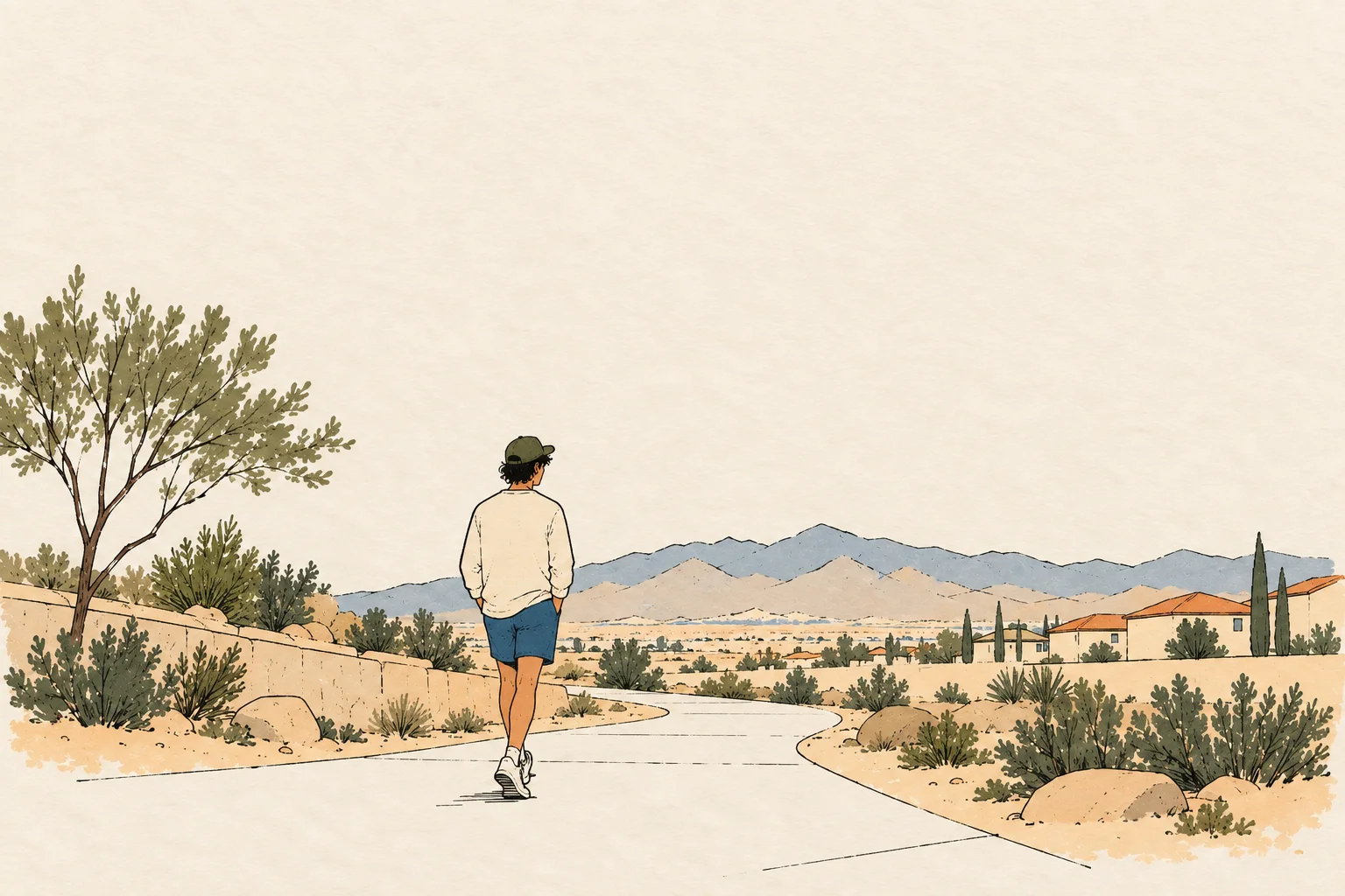 Illustration of a person walking a desert trail past tile-roof homes in Henderson