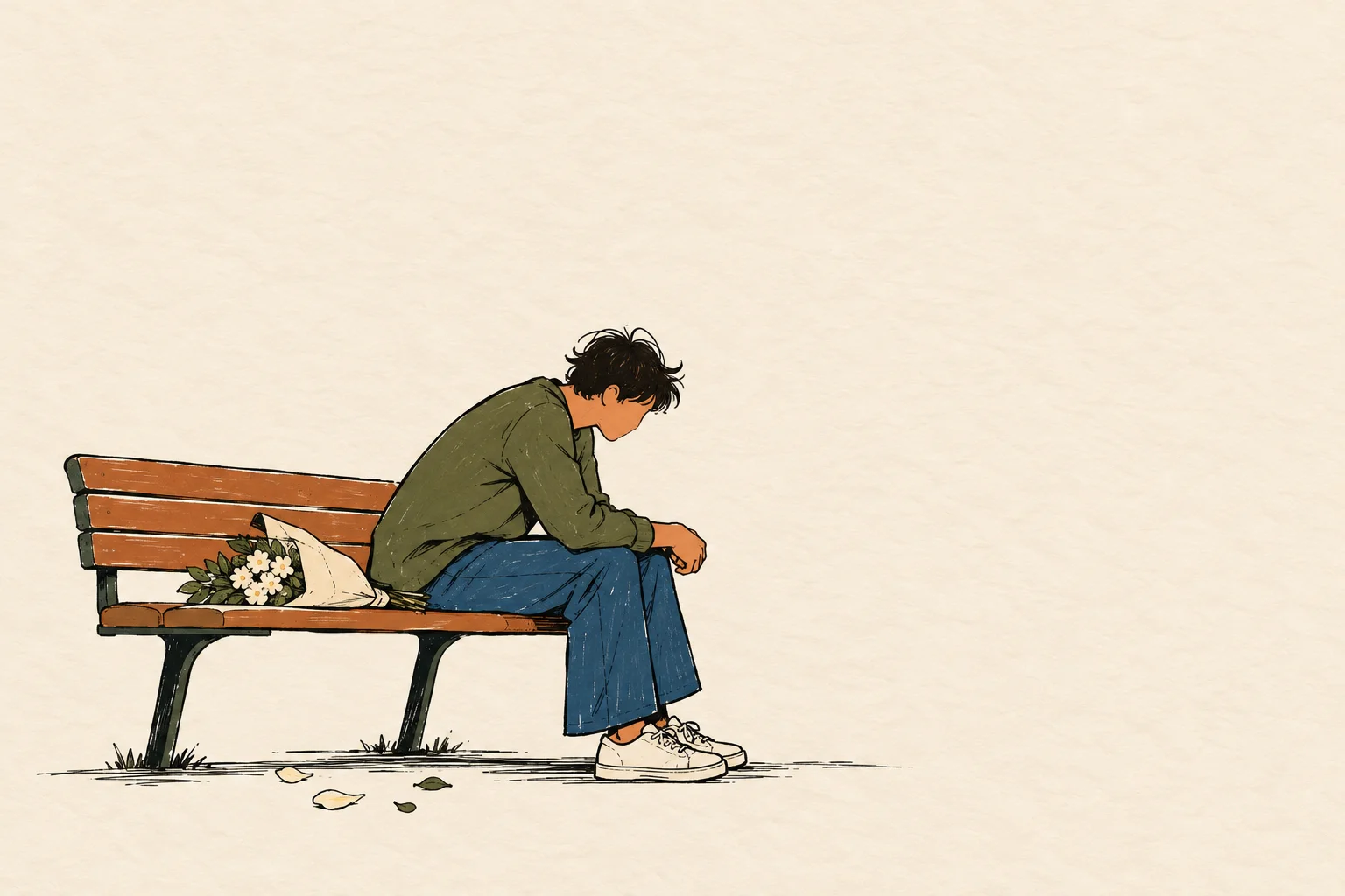 Illustration of a young man sitting alone on a park bench with a bouquet of flowers beside him