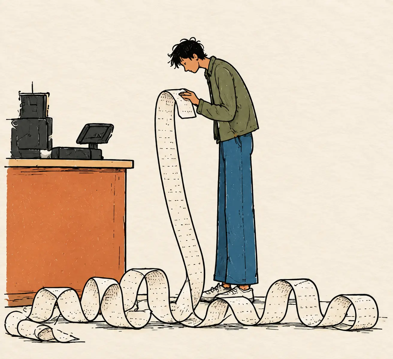 Illustration of a young man reading a receipt so long it spills onto the floor