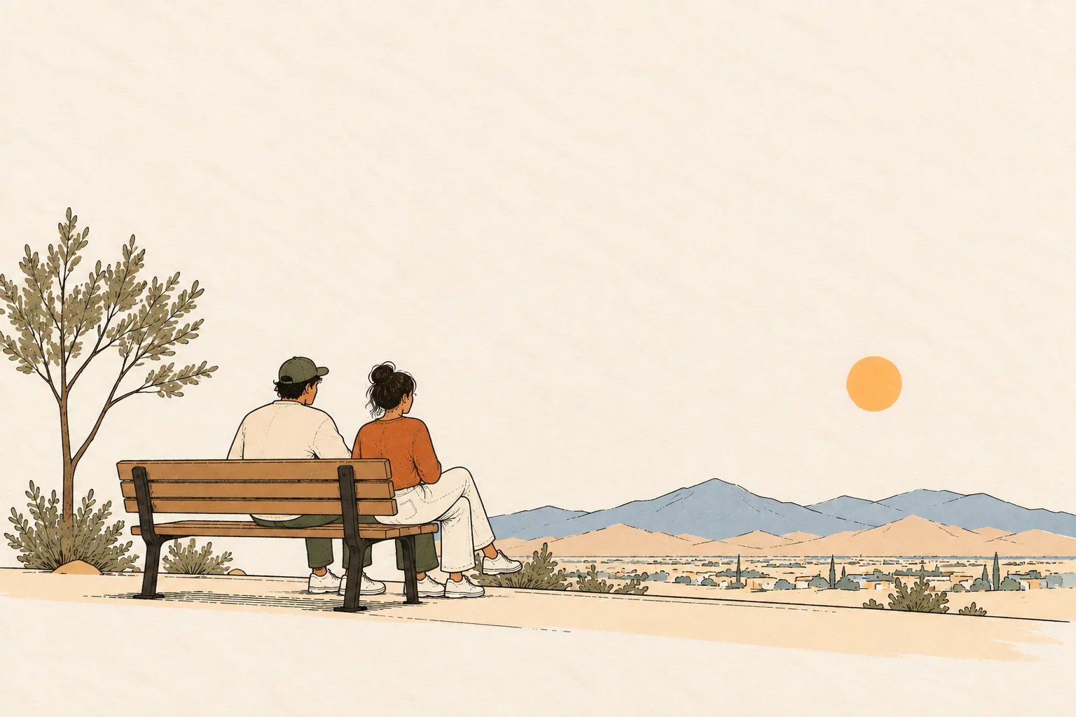 Illustration of a couple on a bench looking out over the Las Vegas Valley at sunset