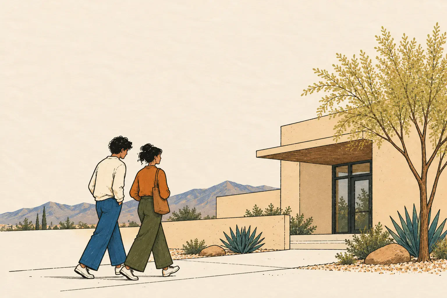 Illustration of two people walking toward a building with desert landscaping and mountains behind