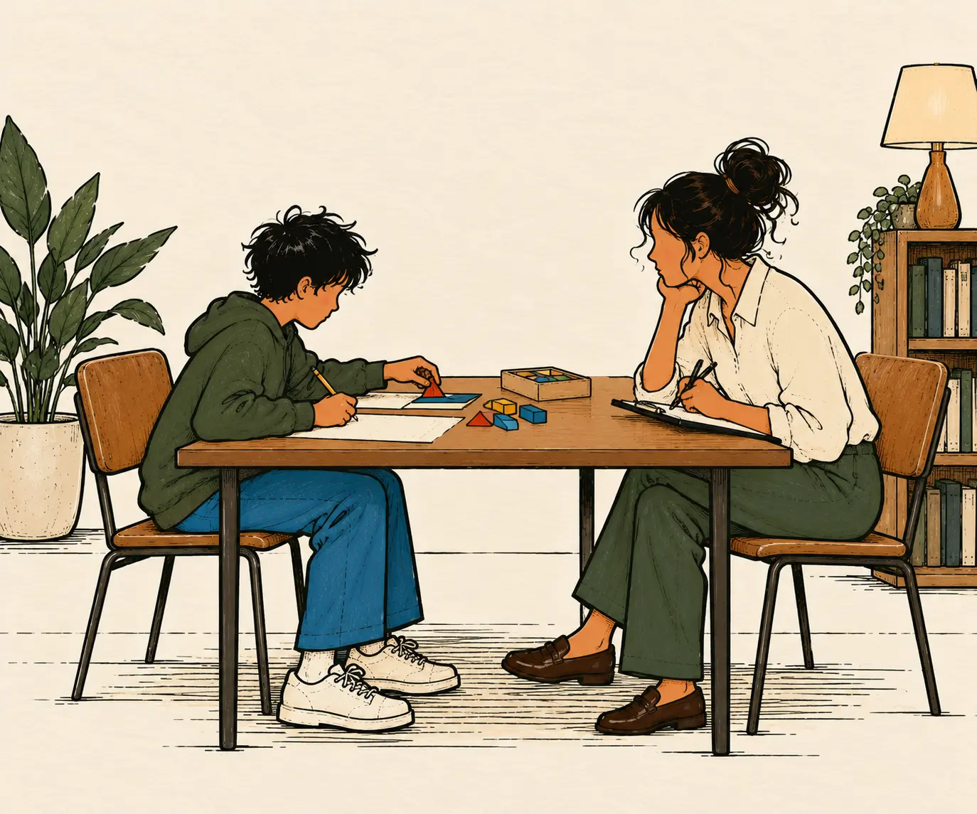 Illustration of a young person doing a puzzle and worksheet while a psychologist takes notes