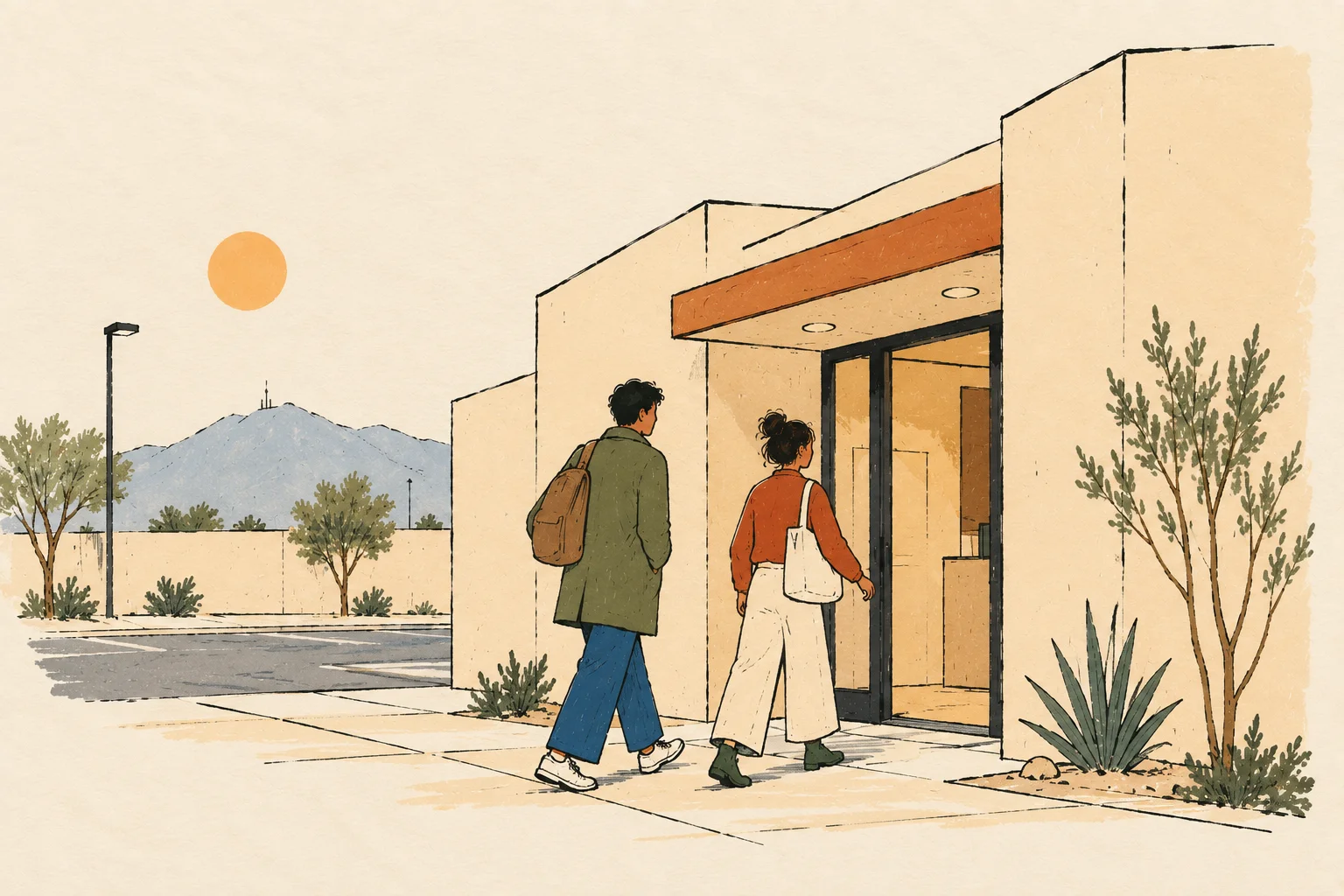 Illustration of two people walking into a building, with Black Mountain in Henderson behind them