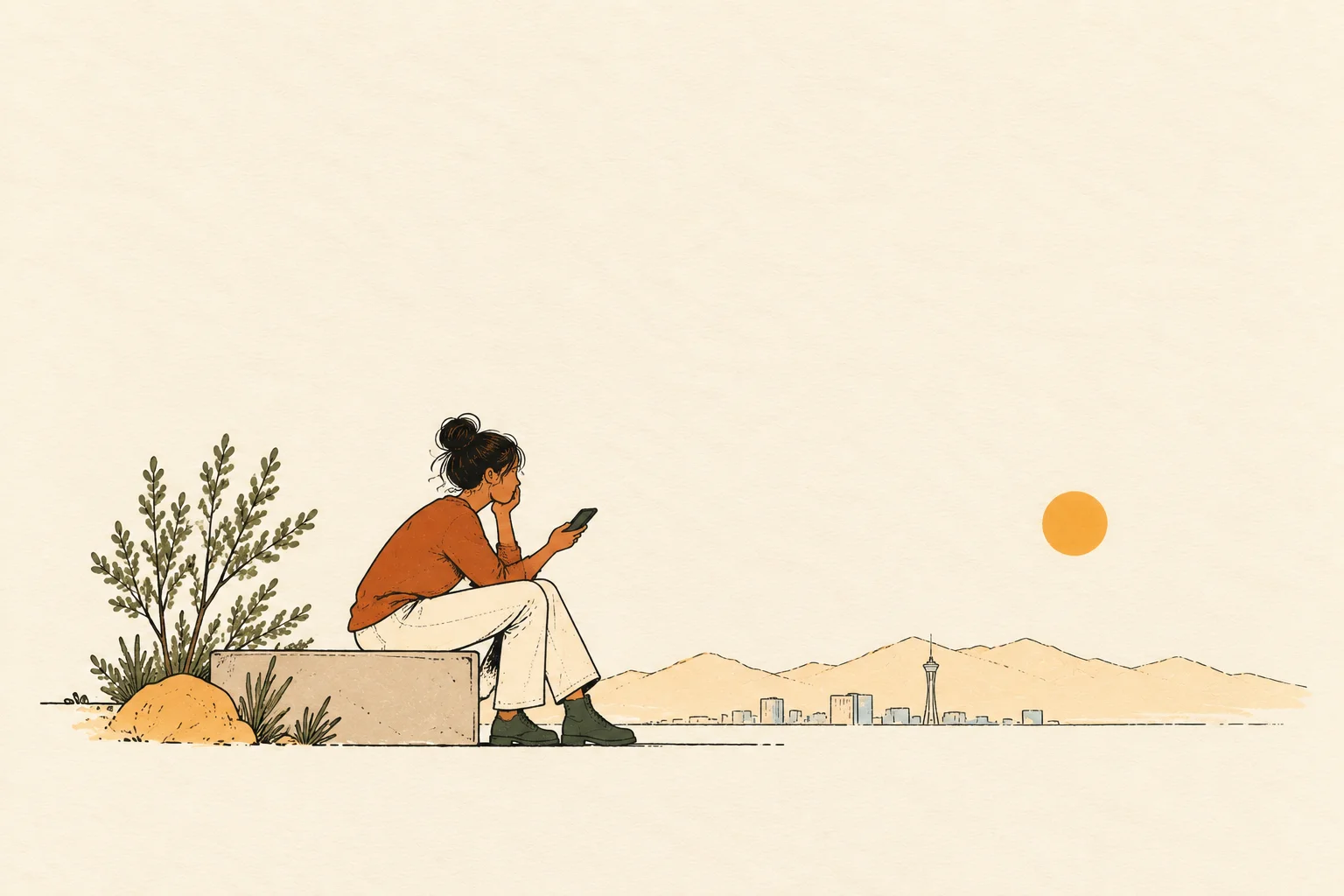Illustration of a woman sitting on a low wall, checking her phone, with the Las Vegas skyline and mountains in the distance