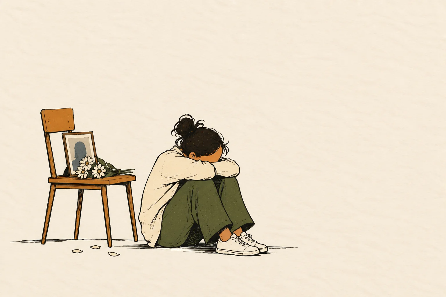 Illustration of a woman sitting on the floor with her head down, beside a chair holding a framed photo and flowers