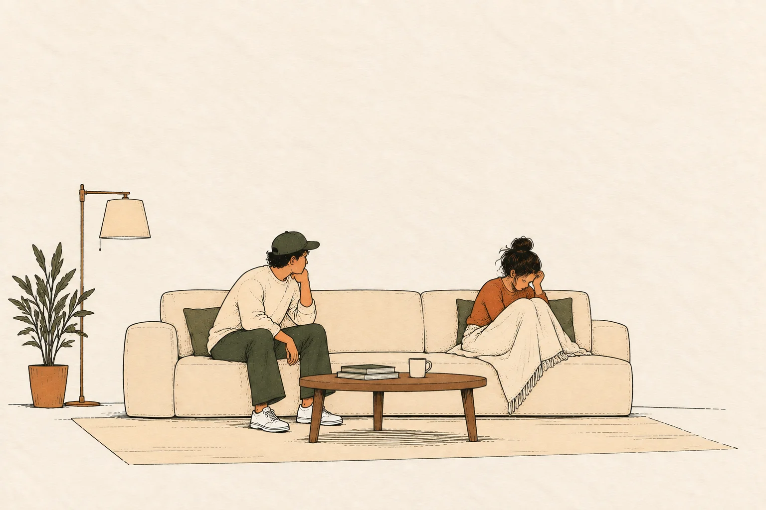 Illustration of a couple sitting apart on a couch, each lost in thought, facing different directions