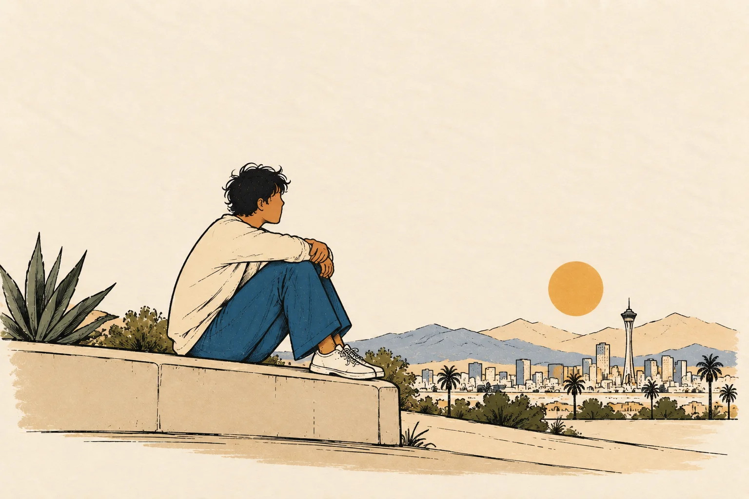 Illustration of a man sitting on a ledge, looking out over the Las Vegas skyline and mountains