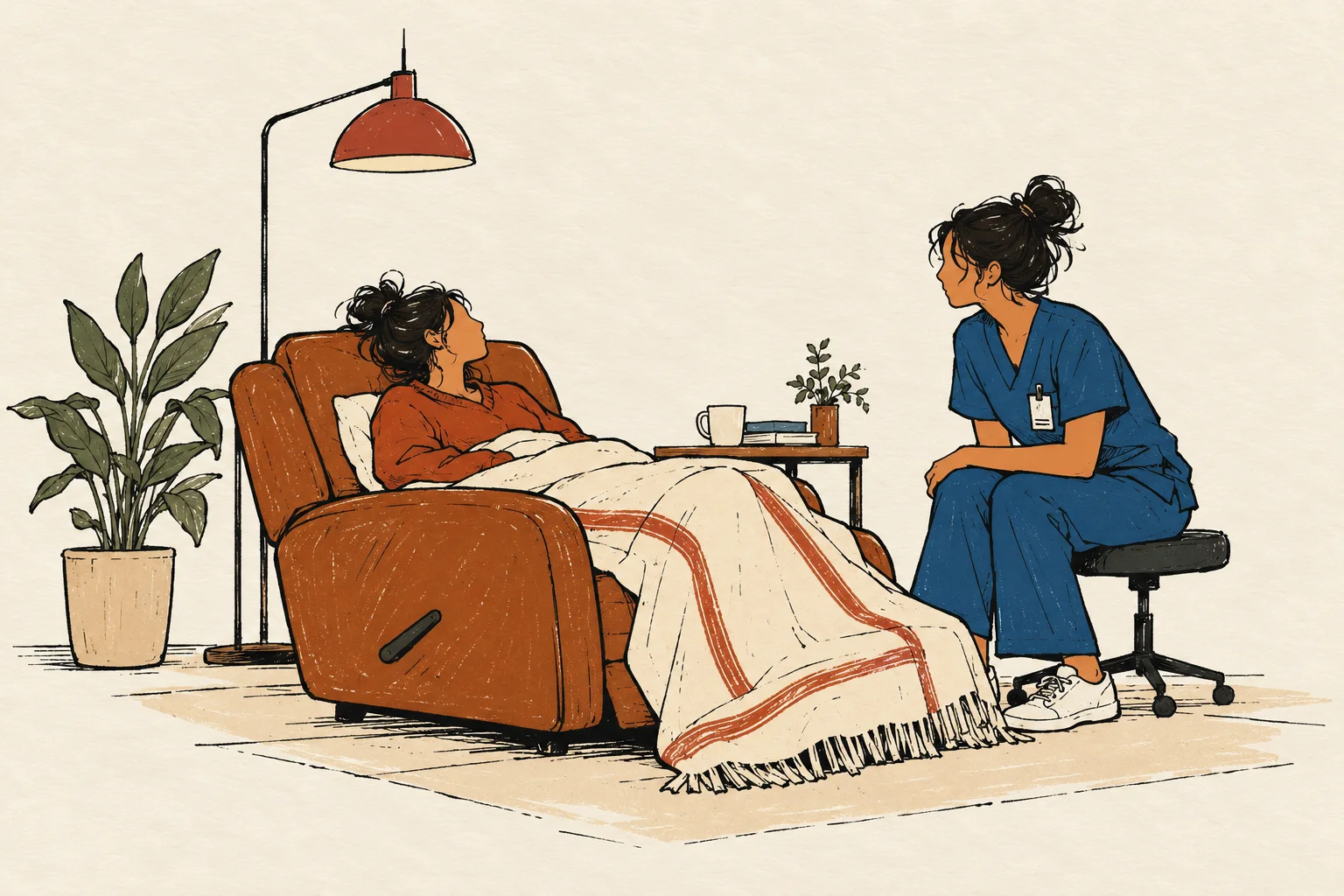 Illustration of a woman resting in a recliner under a blanket while a clinician in scrubs sits nearby and checks on her
