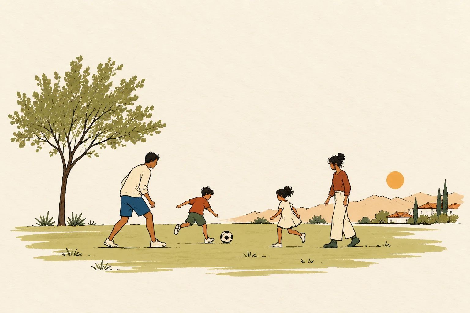 Illustration of a family playing soccer in a park