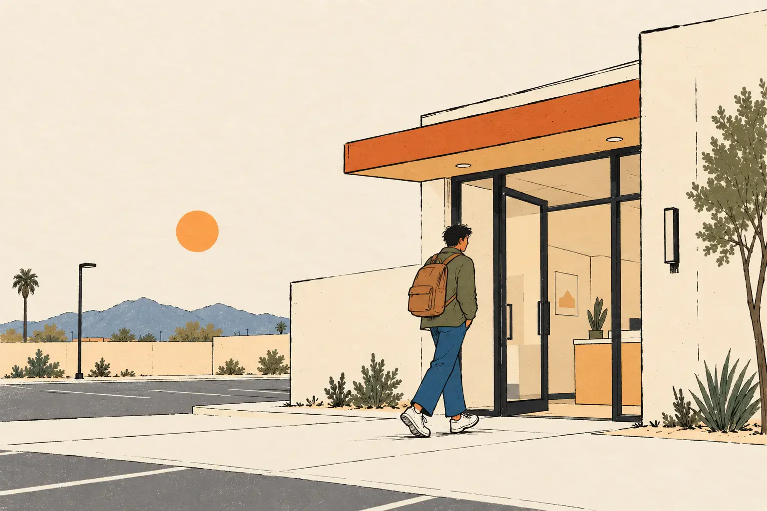 Illustration of a person walking into a building on a sunny day in North Las Vegas, with desert mountains behind