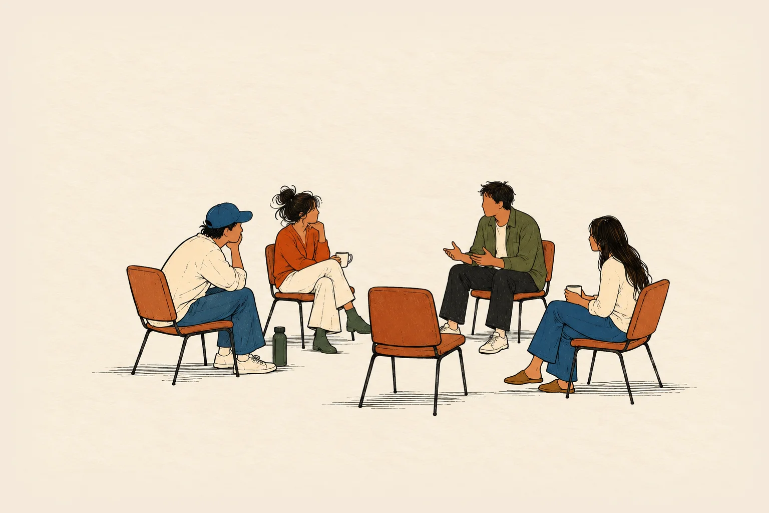 Illustration of two people talking in a circle of blue chairs under a hanging lamp, before a group therapy session
