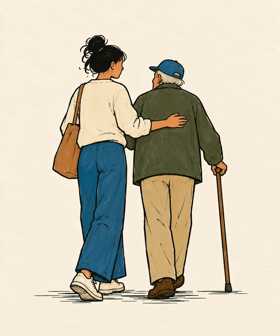 Illustration of a woman walking with an older man who uses a cane, her hand on his back