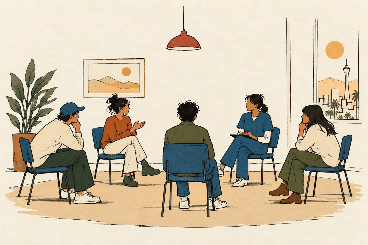 Illustration of five people seated in a circle for a support group