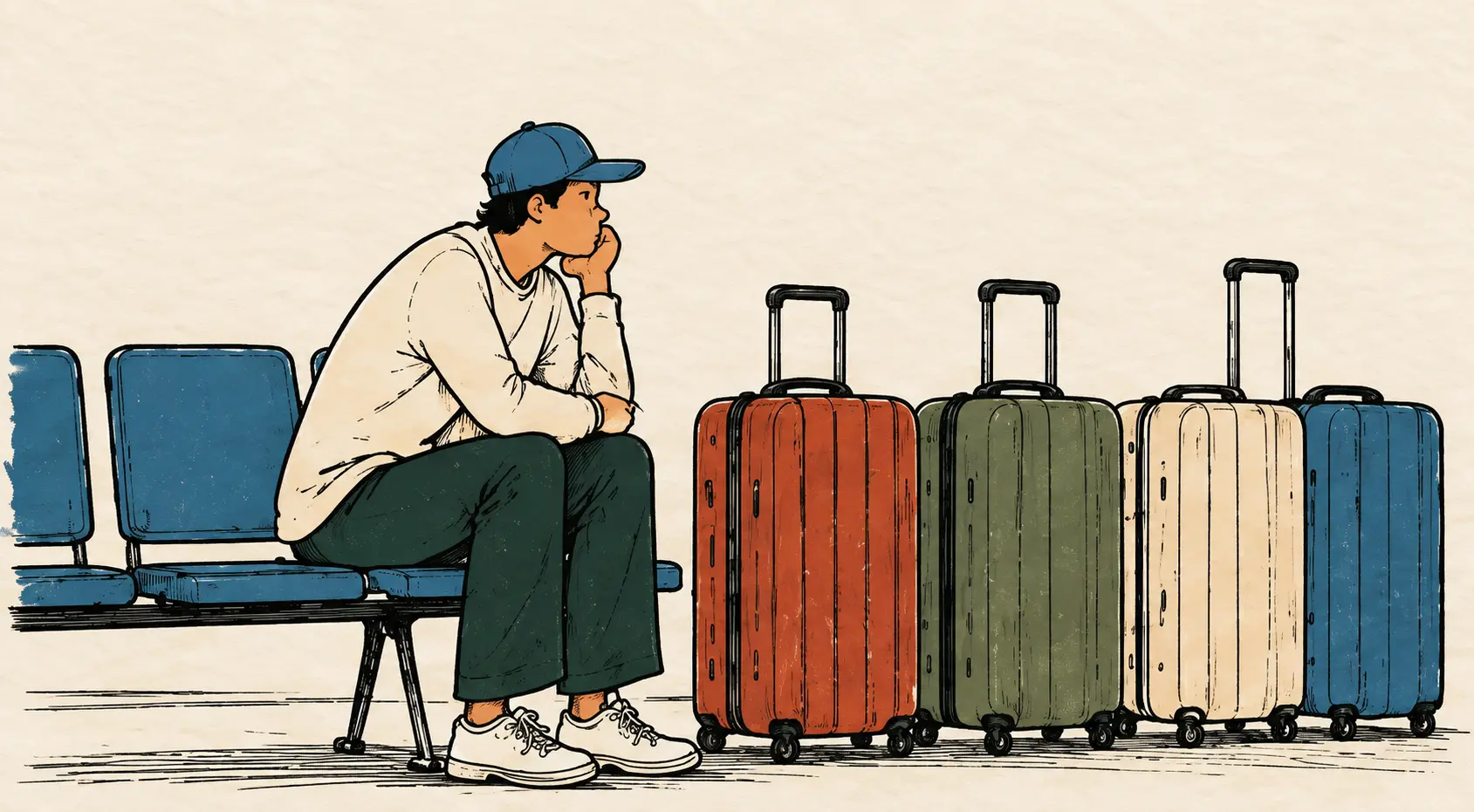 Illustration of a young man in a cap sitting at an airport beside a row of suitcases