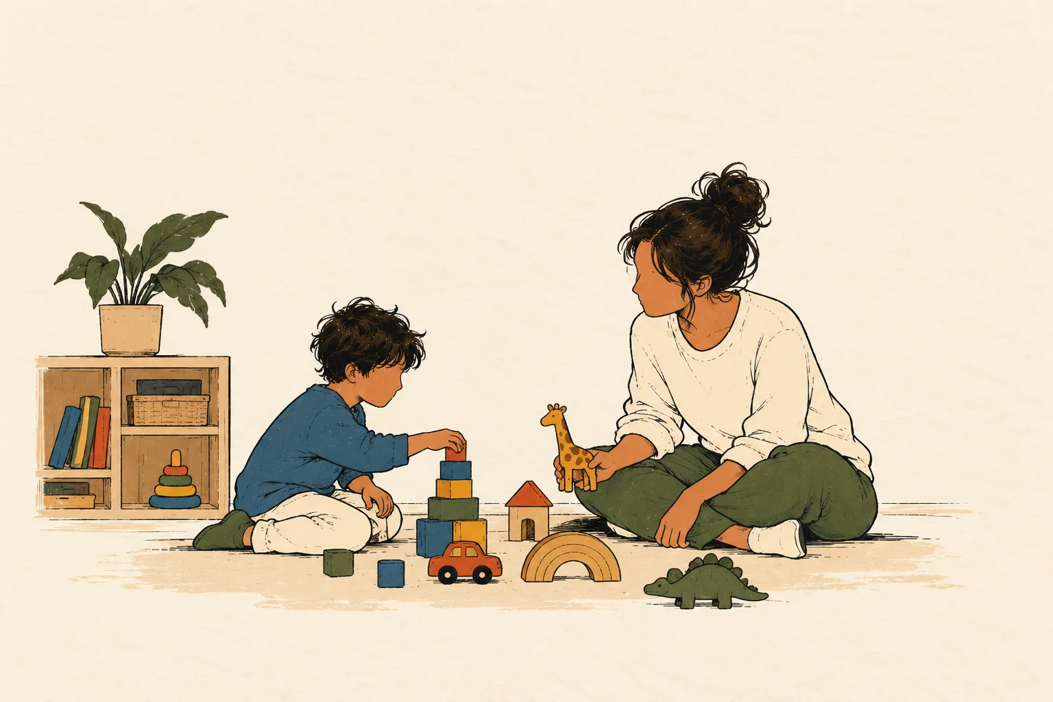 Illustration of a young child playing on the floor with toys while a therapist sits nearby