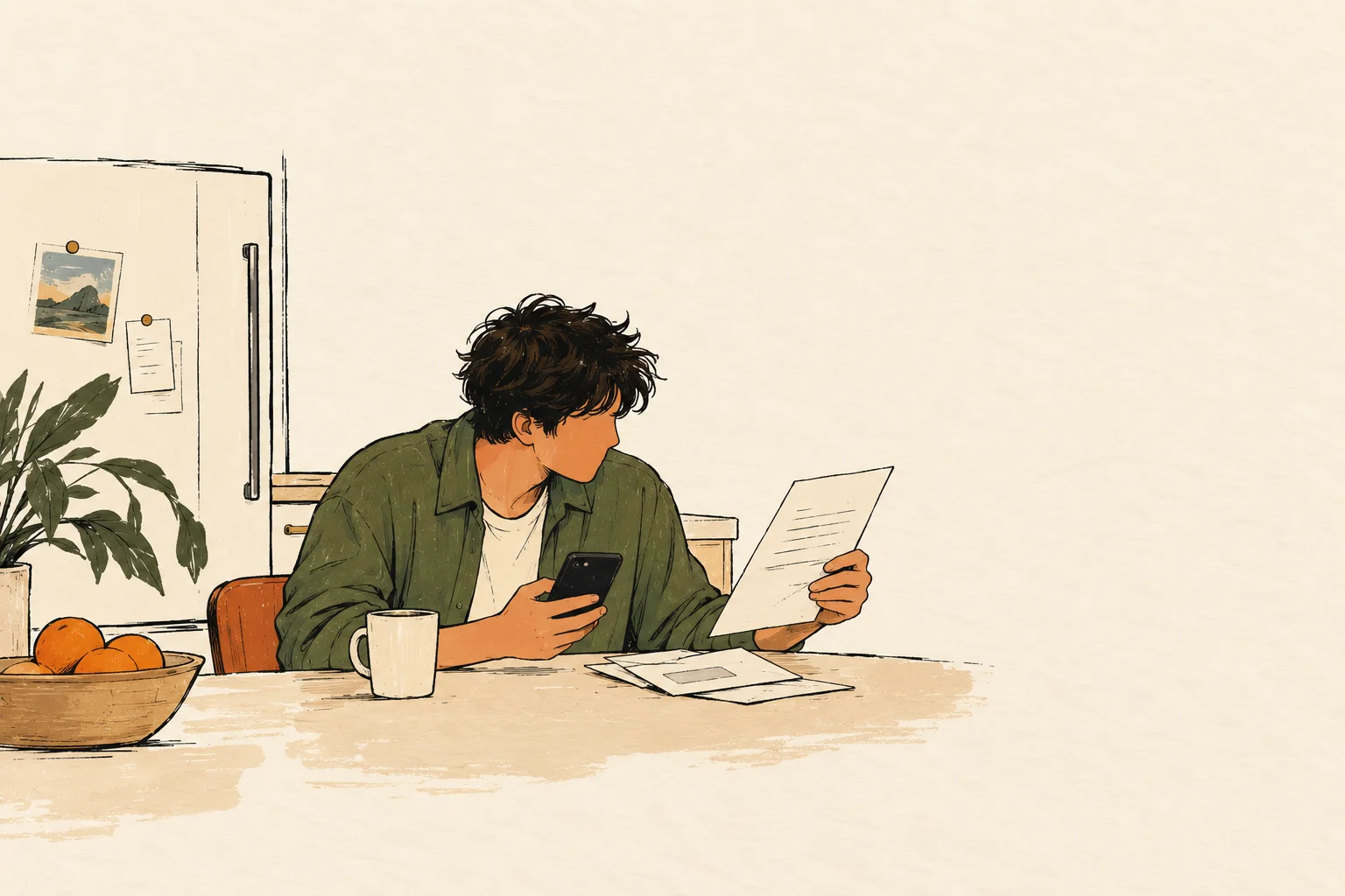 Illustration of a person at a kitchen table reading a letter with a phone in hand, the Las Vegas skyline outside the window