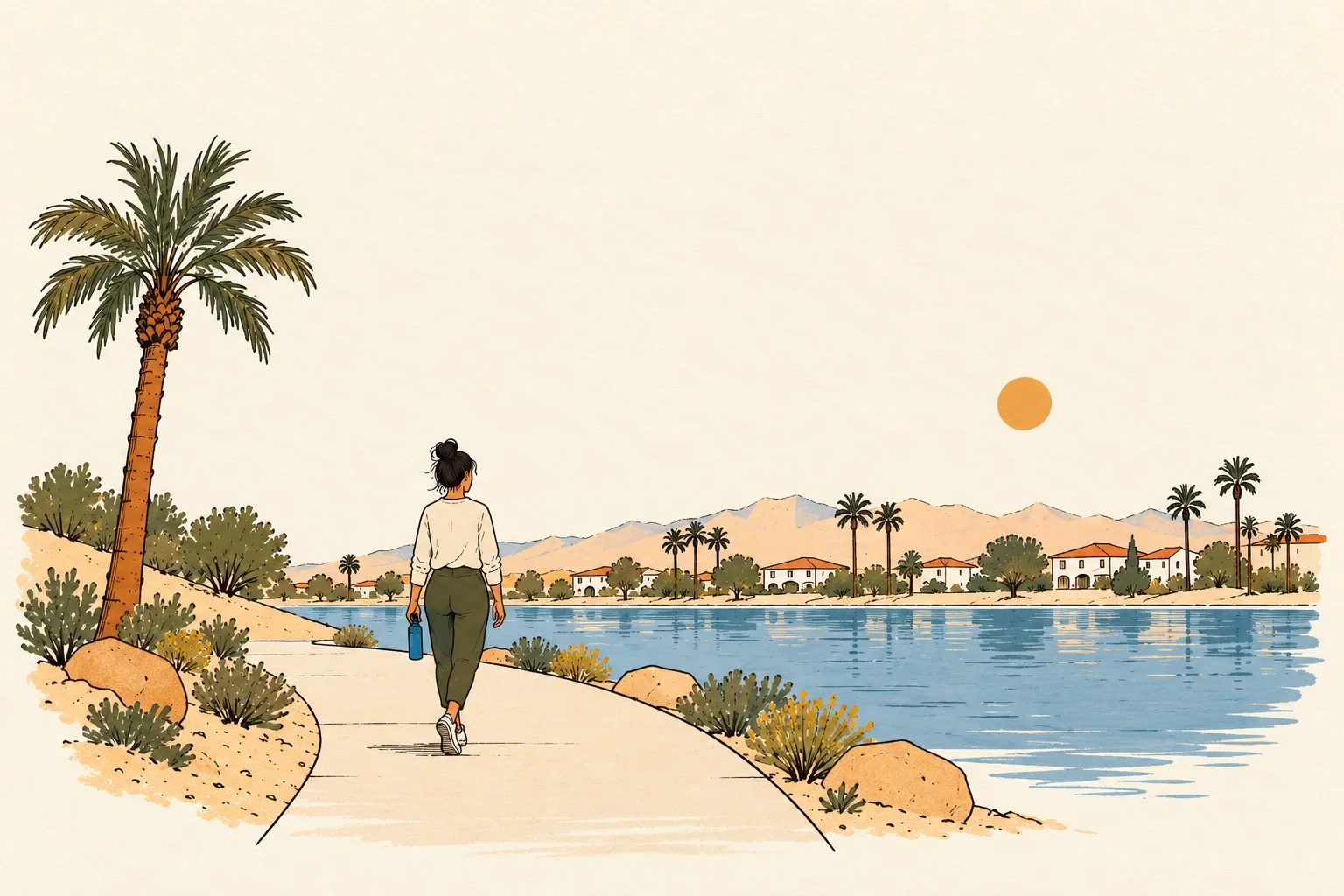 Illustration of a woman walking a lakeside path past palm trees and tile-roof homes