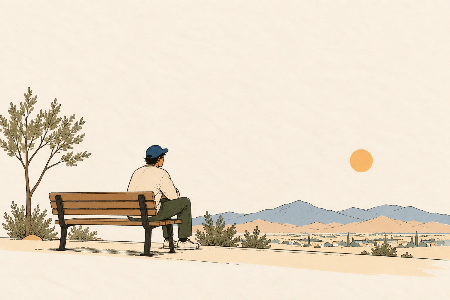 Illustration of a person on a bench watching the sun set over the Las Vegas Valley