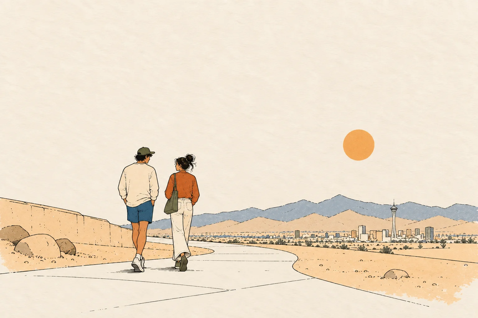 Illustration of a couple walking a desert path toward the Las Vegas skyline