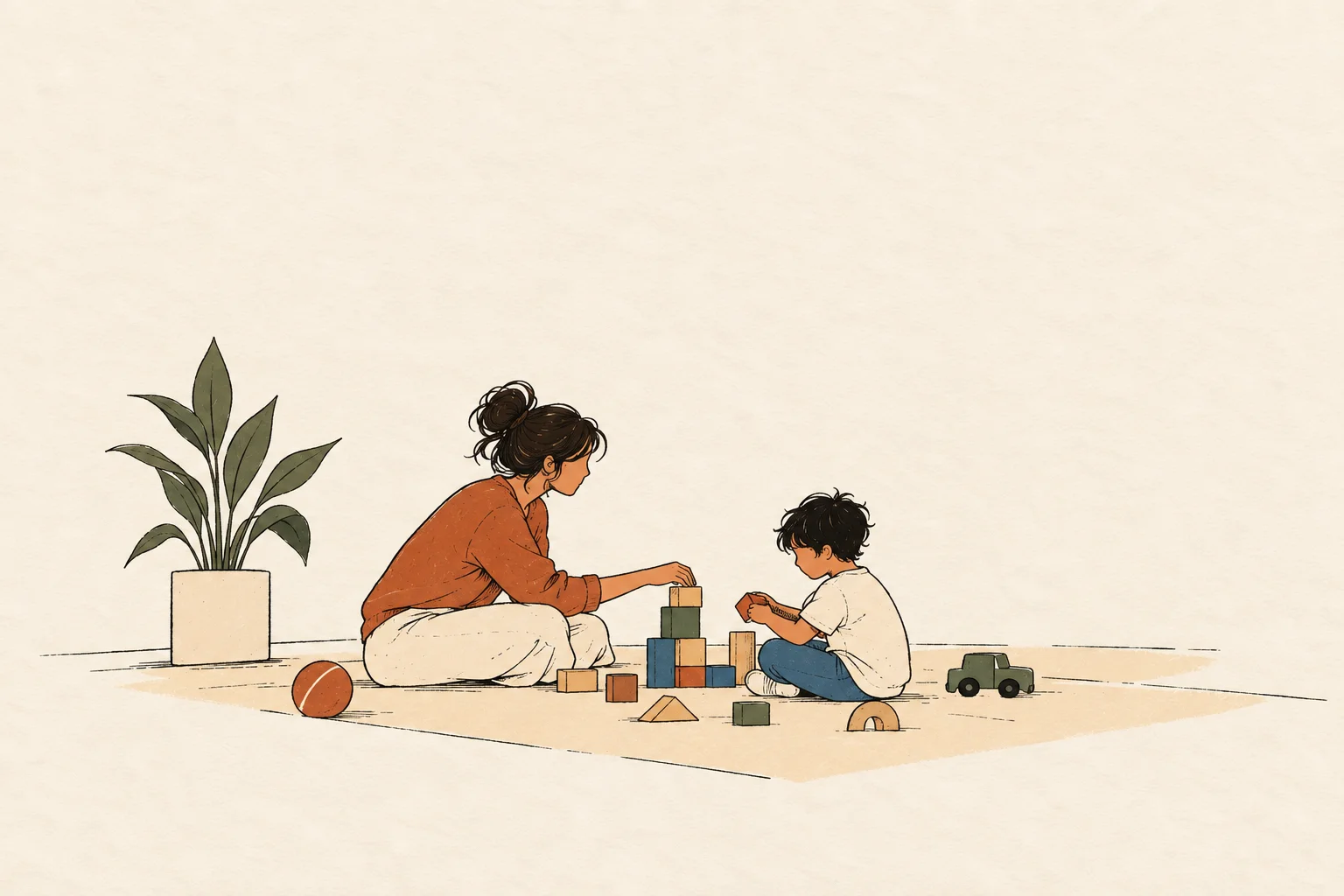 Illustration of a parent and young child building with blocks on a rug
