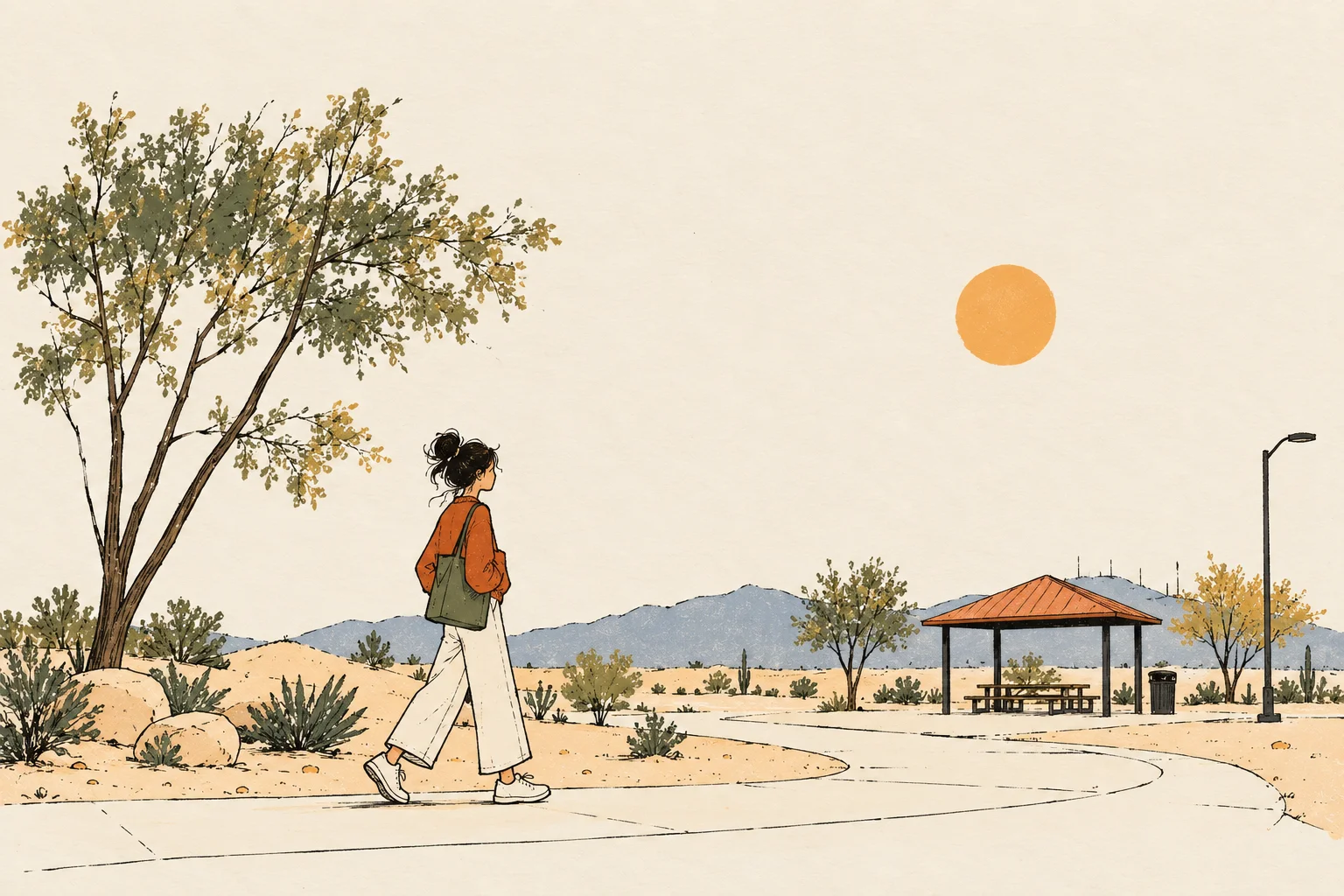 Illustration of a woman walking through a Henderson park, past a shaded picnic area with Black Mountain behind