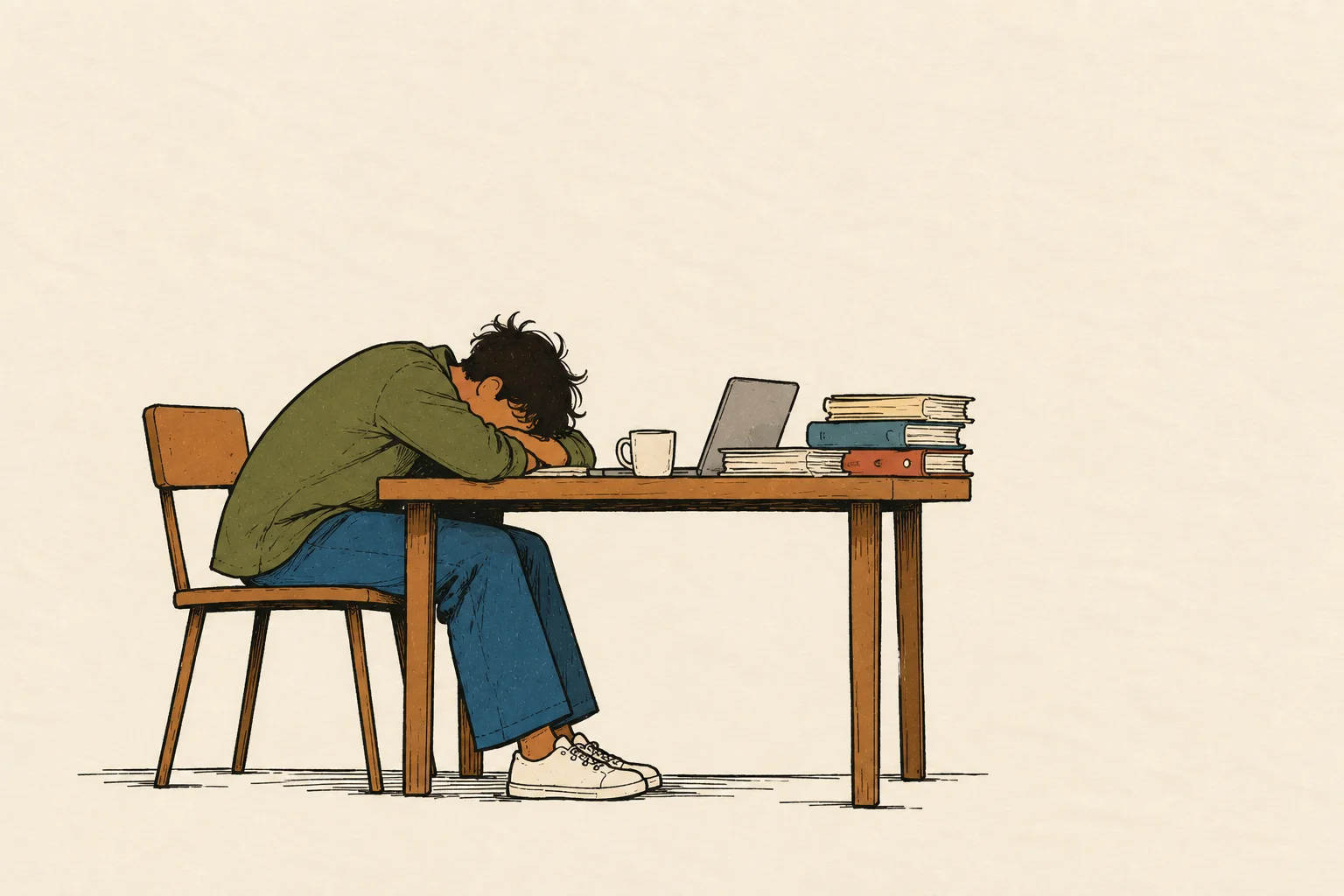 Illustration of a man resting his head on his arms at a desk, next to a laptop and a stack of books