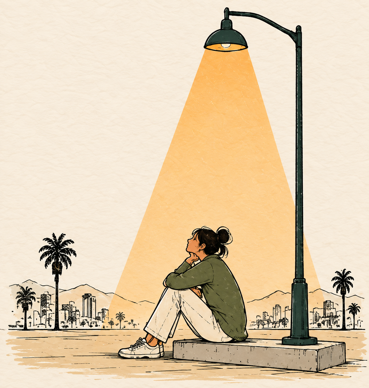 Illustration of a woman sitting on a ledge under a streetlight at dusk, looking up at the light