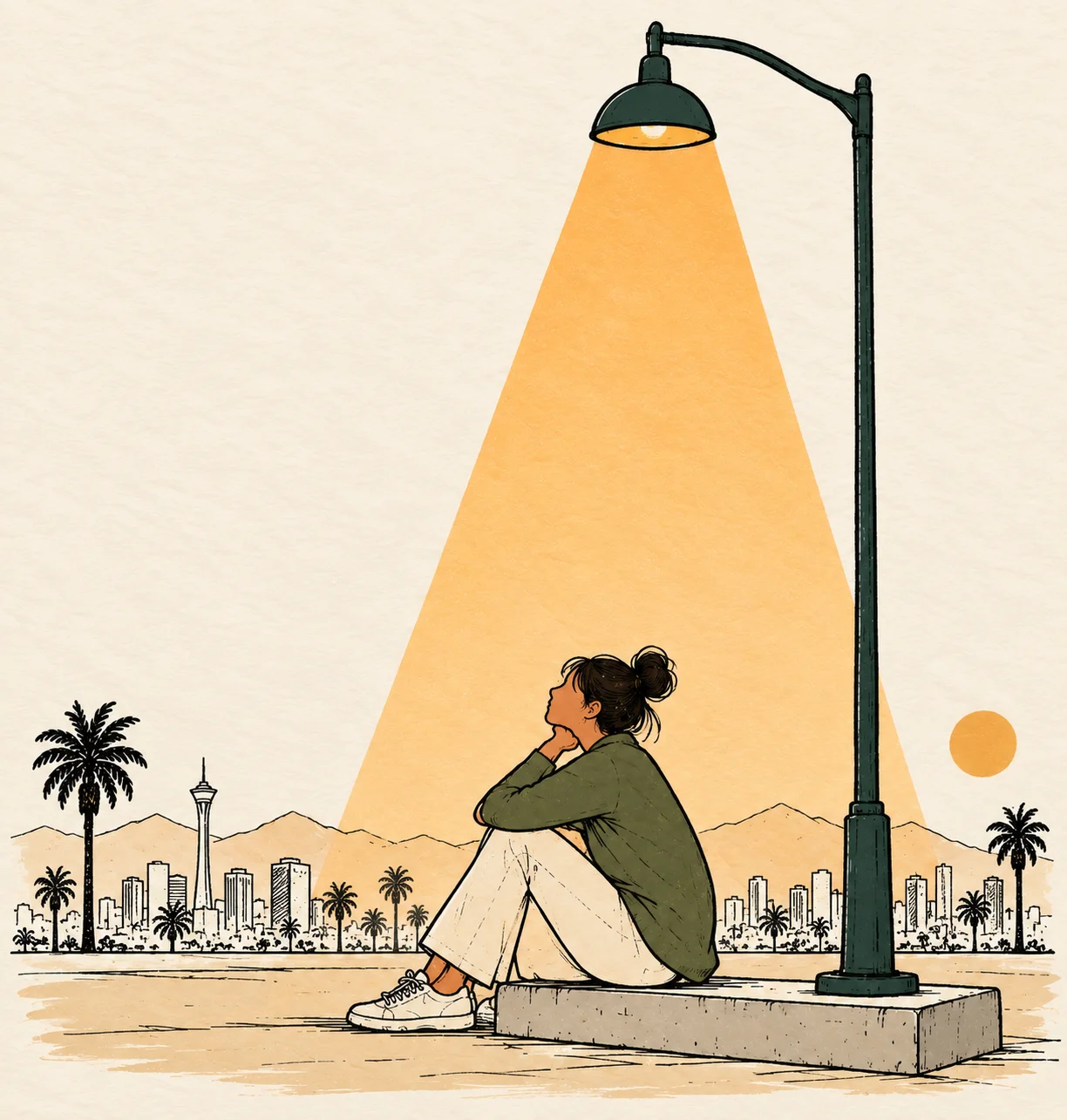 Illustration of a woman sitting under a streetlight at dusk, with the Las Vegas skyline behind her