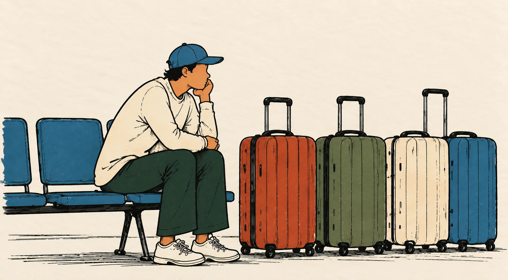 Illustration of a young man in a cap sitting in an airport waiting area next to four suitcases
