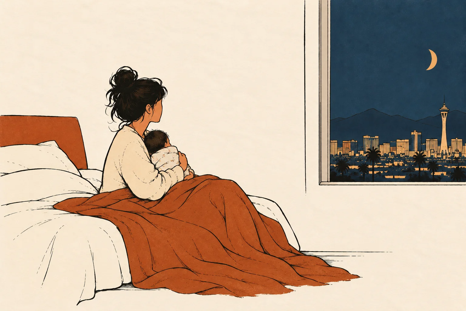 Illustration of a mother holding her baby at night beside a window with the Las Vegas skyline