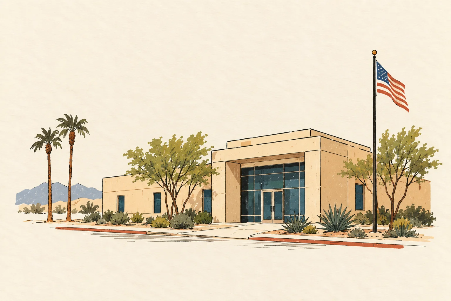Illustration of a desert building with an American flag out front