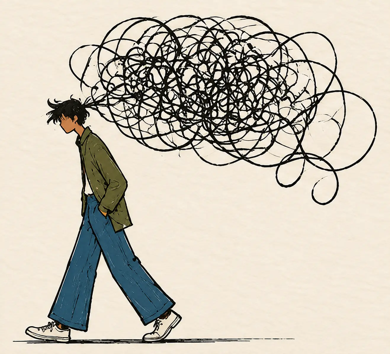 Illustration of a young man walking with a tangle of scribbled thoughts above his head