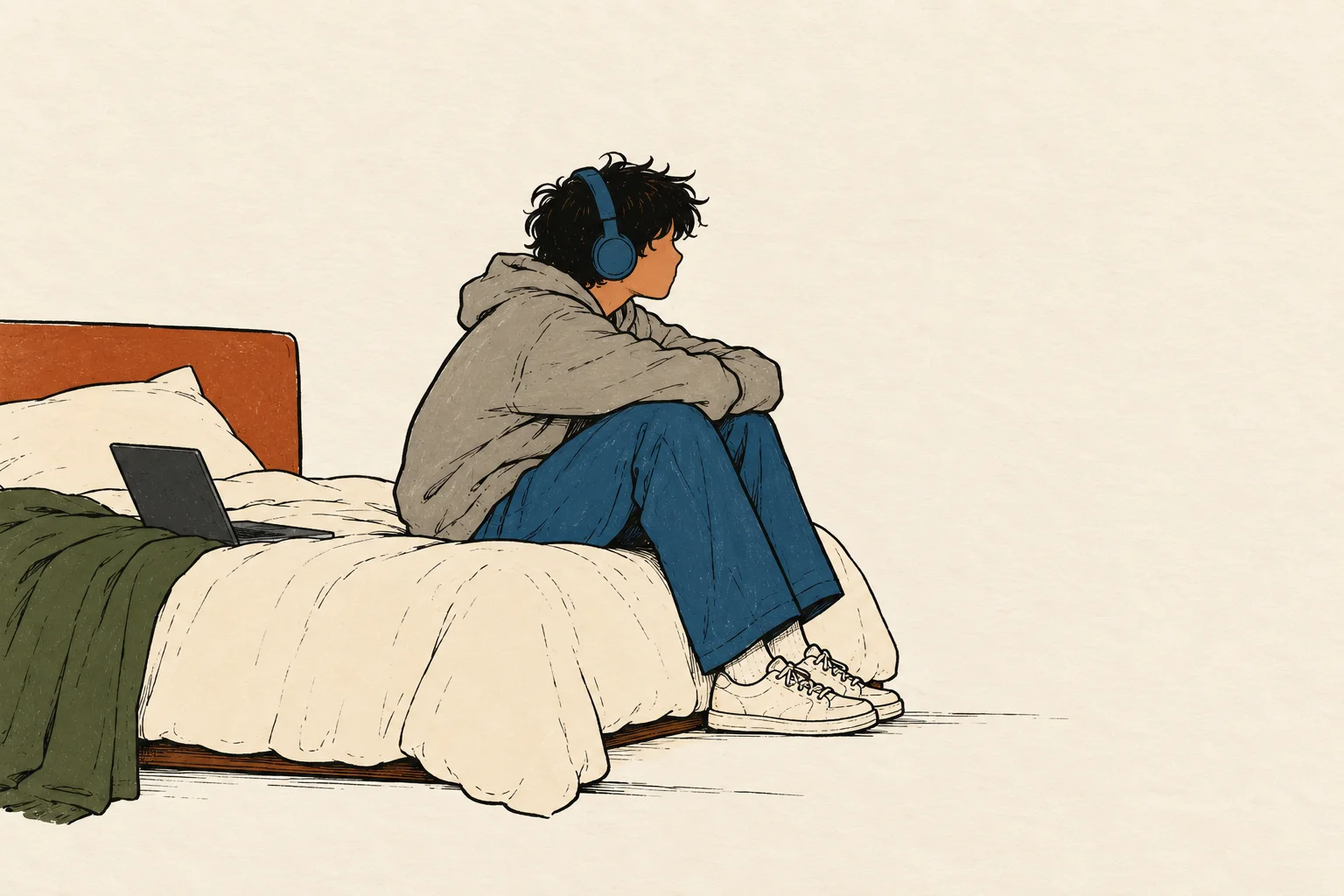 Illustration of a teenager in a hoodie and headphones sitting on a bed, looking away