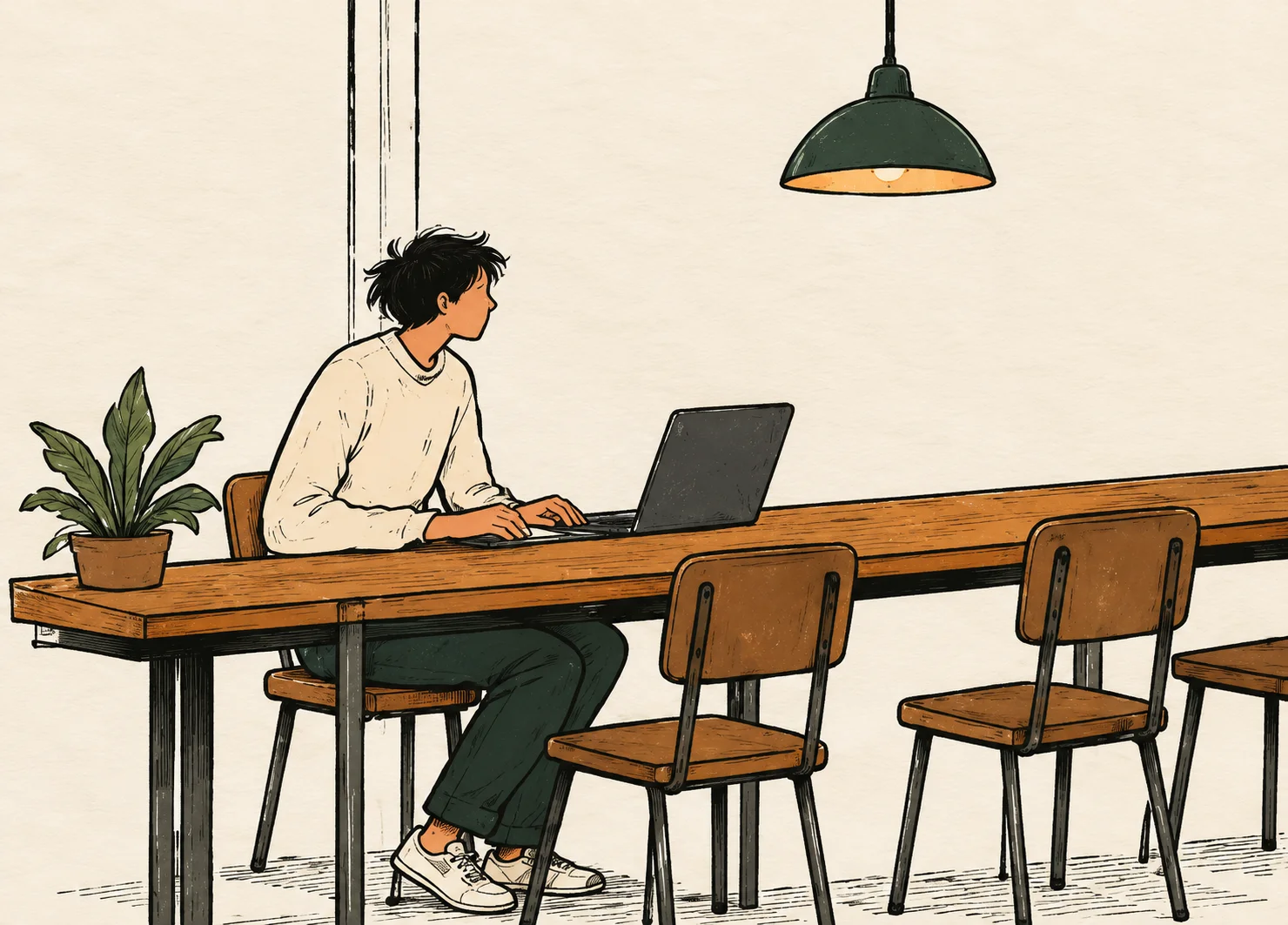 Illustration of a man working at a long desk with a laptop under a hanging lamp