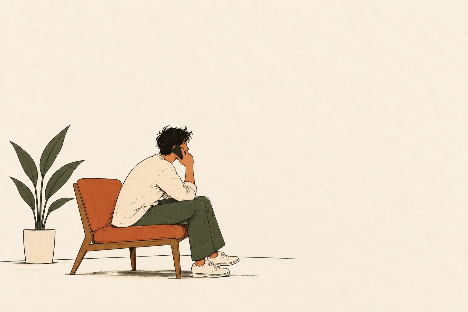 Illustration of a man sitting in an orange chair, talking on the phone