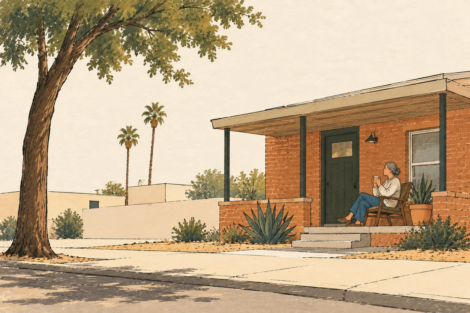 Illustration of an older woman sitting on the porch of a brick home in a historic central Las Vegas neighborhood, holding a cup of tea