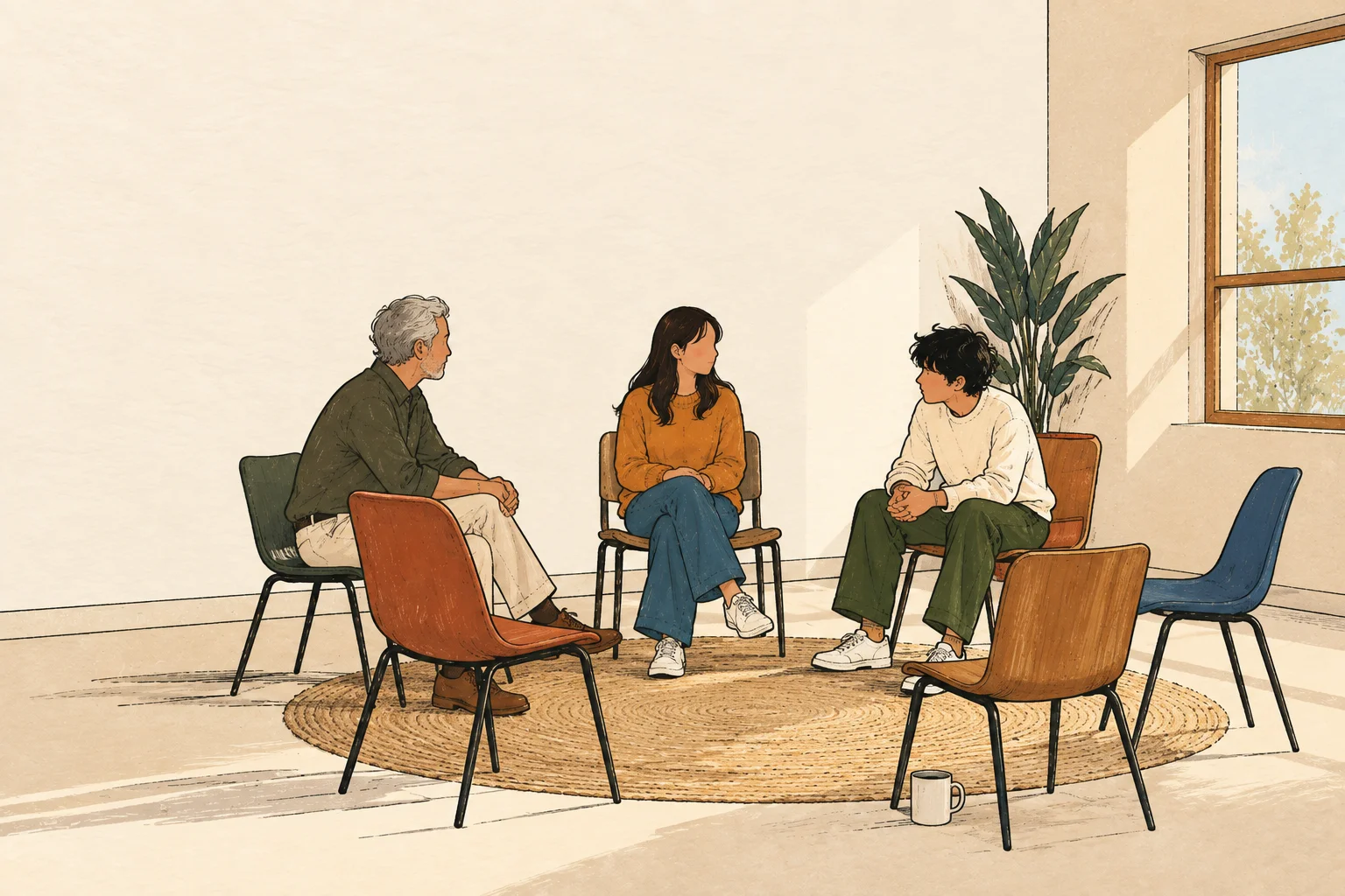Illustration of three people talking in a circle of chairs in a bright community room